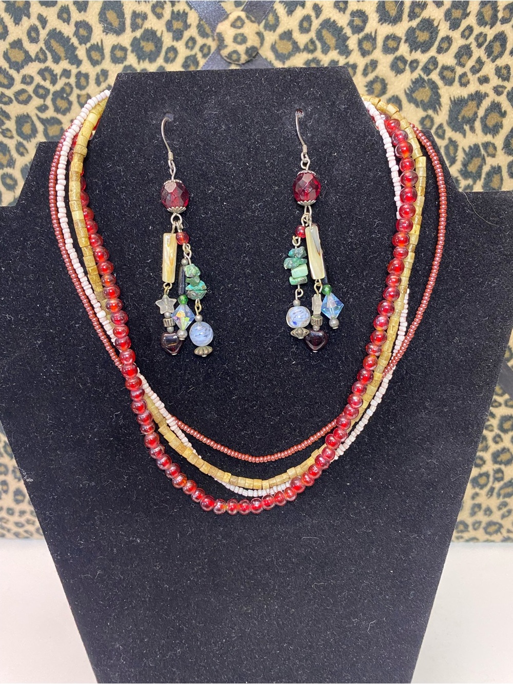 Multi-Bead Red and Gold Dangle Earrings